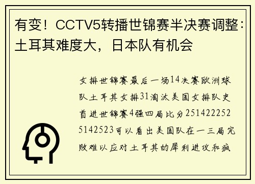 有变!CCTV5转播世锦赛半决赛调整:土耳其难度大,日本队有机会 有变!CCTV5转播世锦赛半决赛调整:土耳其难度大,日本队有机会